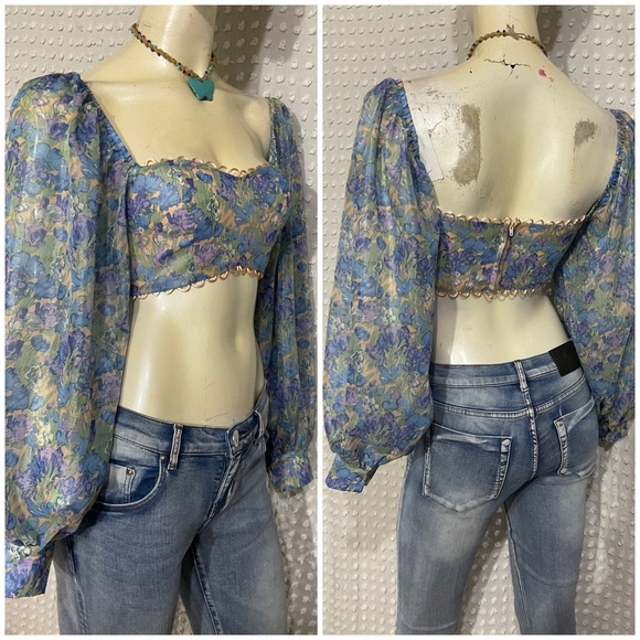 Floral Lantern Sleeve Top X Small Bandeau Crop Bustier Puffy Balloon Sleeve - Picture 8 of 11